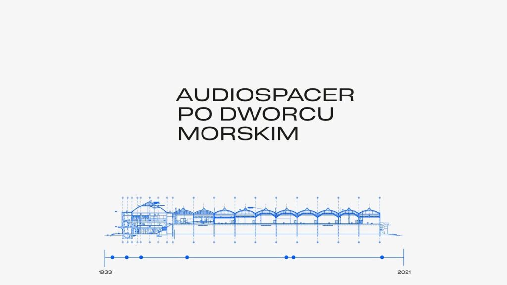 Grafika. centralnie umieszczony rysunek architektoniczny budynku Dworca Morskiego, w którym mieści się Muzeum Emigracji w Gdyni. Napis Audiospaer po dworcu morskim