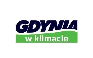 Logotyp. Granatowy napis Gdynia nad zielonym tłem z napisem w klimacie 