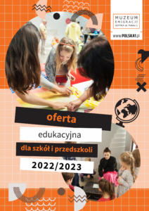 Kolorowy plakat promujący nową ofertę edukacyjną Muzeum Emigracji w Gdyni.