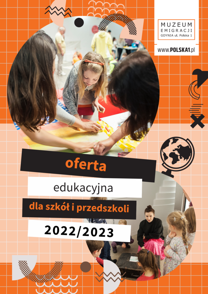 Kolorowy plakat promujący nową ofertę edukacyjną Muzeum Emigracji w Gdyni.