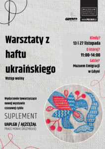 Kolorowy plakat. Na szarym tle czarno -czerwone dodatki. Na dole w kole zdjęcie niebiesko-czerwonego haftu.