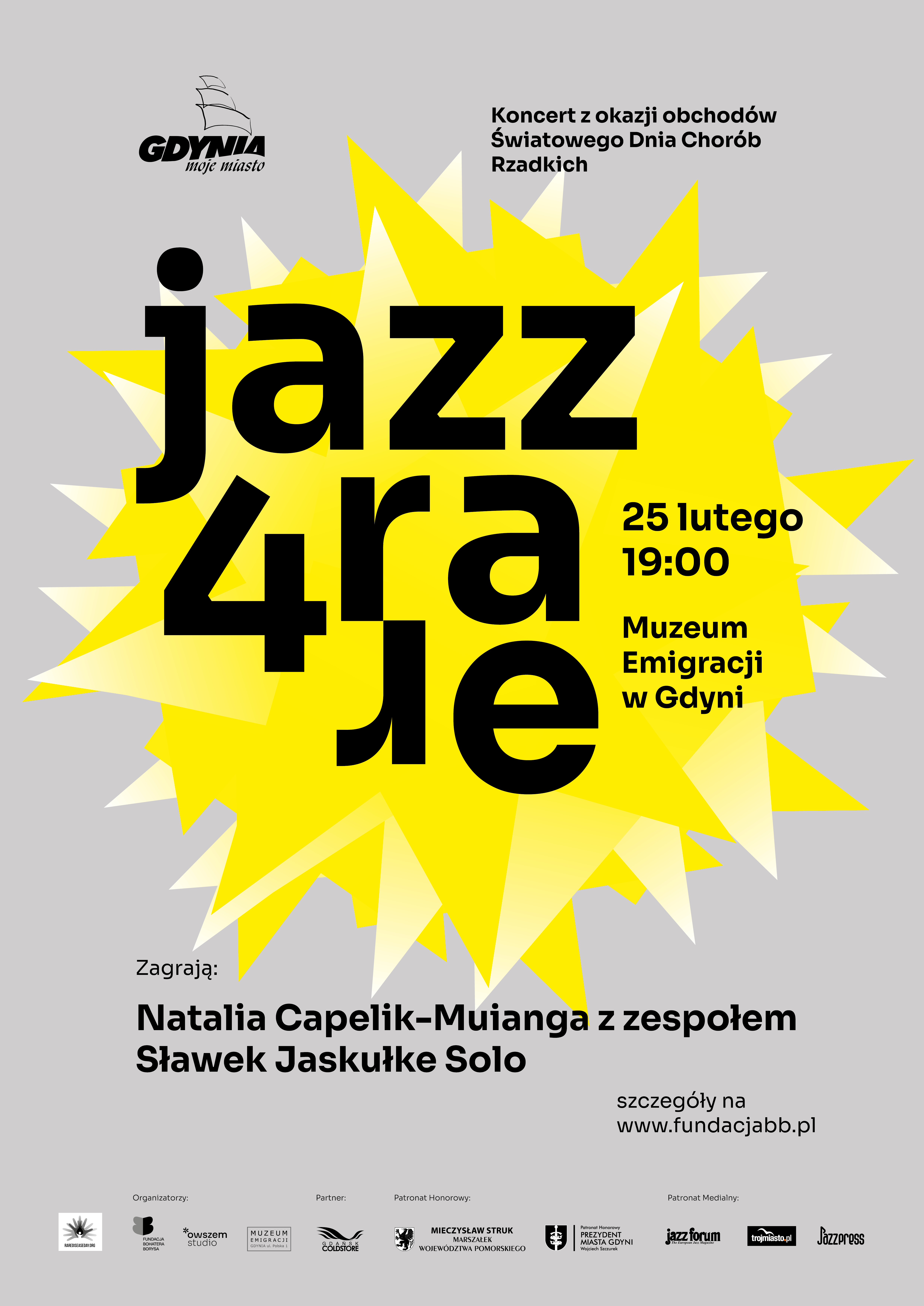 Szary plakat informujący o koncercie jazzowym. W centralnej części jest widoczna żółta plama z nazwą wydarzenia Jazz 4 Rare