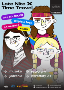 Kolorowy plakat nowej edycji wydarzenia dla młodzieży Late Nite. Na plakacie trzy kolorowo ubrane osoby w strojach z lat 80., 90. i 2000.