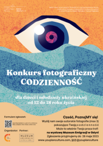 Kolorowa grafika. Obrazek oka na tle fal i pomarańczowego tła. Napis "Konkurs fotograficzny Codzienność" na środku.