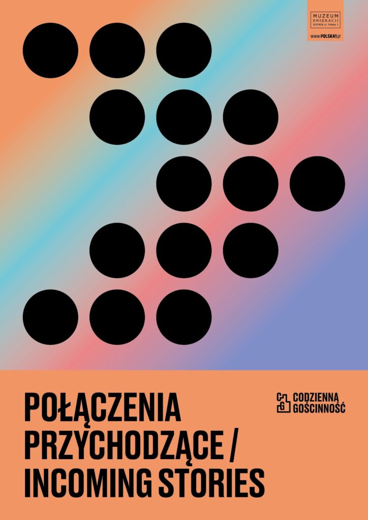 Kolorowy plakat. Na dole napis: Połączenia przychodzące / Incoming Stories". Na górze na kolorowym tle strzałka z czarnych kropek.