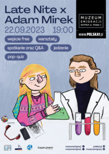 Plakat. Dwie osoby w laboratorium chemicznym. Na stole probówki z kolorowymi płynami, telefon, słuchawki, kostka Rubika, zapisana kartka i ołówek.