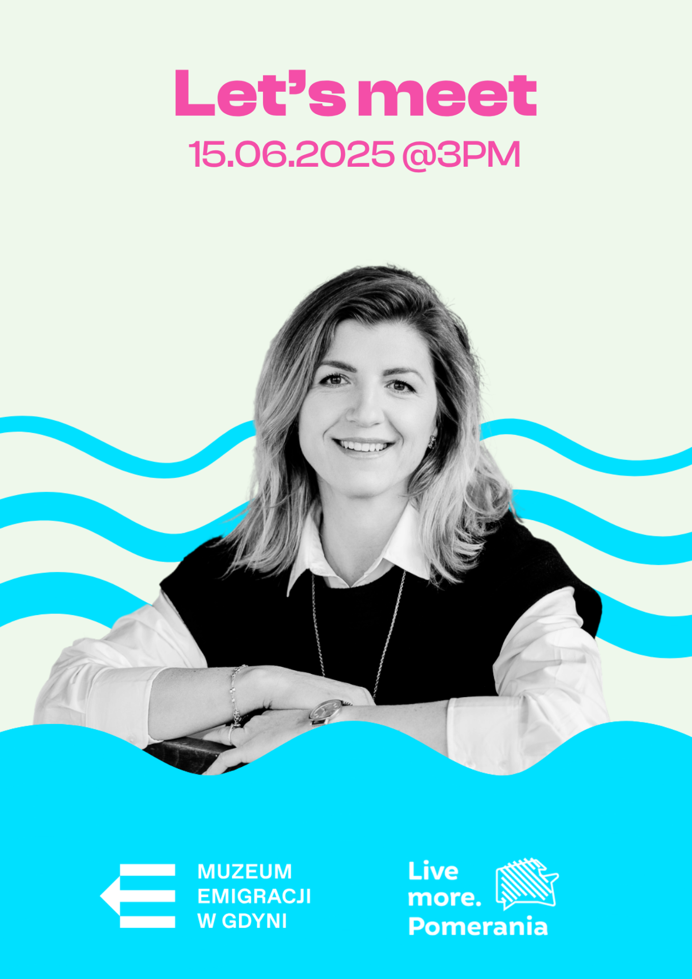 lets meet event poster with graphic wave-like background and women in the center