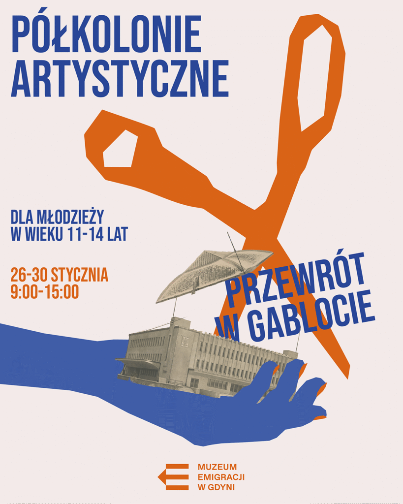 Tło kremowe. Grafika przedstawia rysowane pomarańczowe nożyczki odcinające dach budynku trzymanego przez granatową rysowaną dłoń.