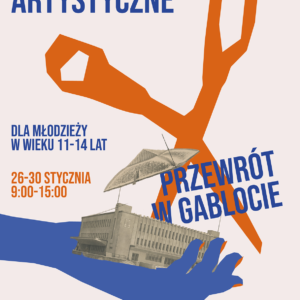 Tło kremowe. Grafika przedstawia rysowane pomarańczowe nożyczki odcinające dach budynku trzymanego przez granatową rysowaną dłoń.