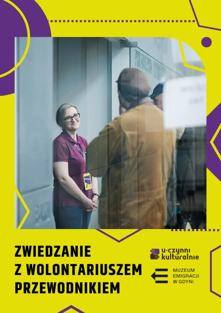 Grafika promująca projekt: wpisane w kwadrat zdjęcie wolontariuszki - dorosłej kobiety we fioletowej koszulce - na żółtym tle z fioletowymi liniami i kropkami.