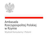 logotyp Ambasady RP we Włoszech. na górze orzeł, pod nim polska flaga. pod flagą nazwa instytucji.